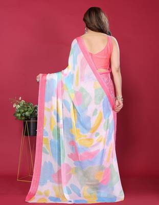 pink chiffon saree with multicolor printed pallu 4
