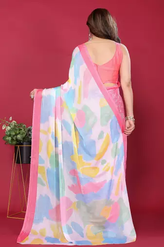 pink chiffon saree with multicolor printed pallu