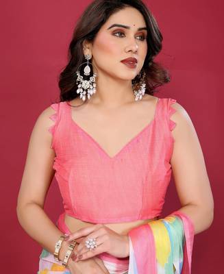 pink chiffon saree with multicolor printed pallu 5