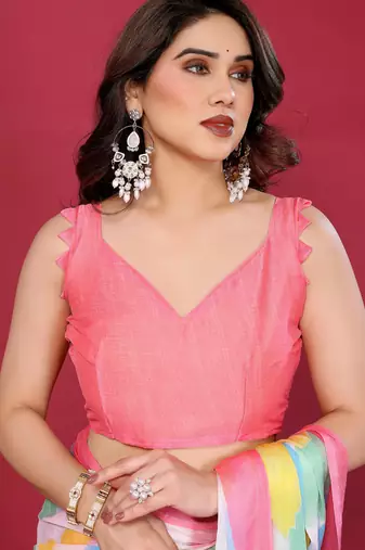 pink chiffon saree with multicolor printed pallu