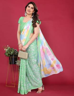 parrot green chiffon saree with multicolor printed pallu 1
