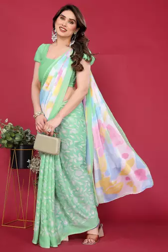 parrot green chiffon saree with multicolor printed pallu
