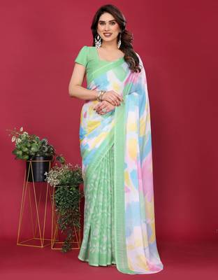 parrot green chiffon saree with multicolor printed pallu 2