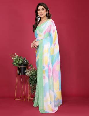 parrot green chiffon saree with multicolor printed pallu 3
