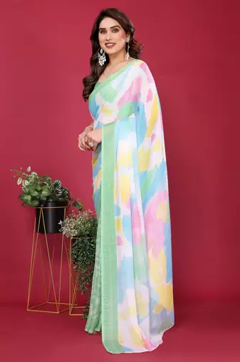 parrot green chiffon saree with multicolor printed pallu