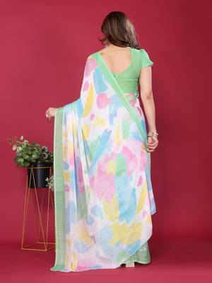 parrot green chiffon saree with multicolor printed pallu 4