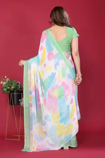 parrot green chiffon saree with multicolor printed pallu