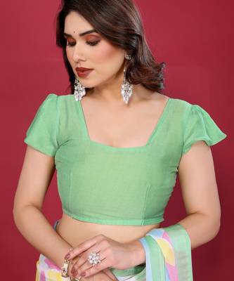 parrot green chiffon saree with multicolor printed pallu 5