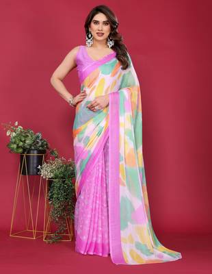 purple chiffon saree with multicolor printed pallu 1