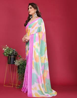 purple chiffon saree with multicolor printed pallu 2