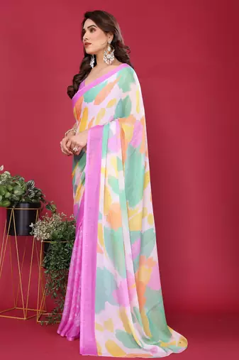 purple chiffon saree with multicolor printed pallu