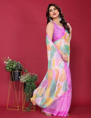 purple chiffon saree with multicolor printed pallu 3