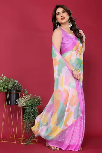 purple chiffon saree with multicolor printed pallu
