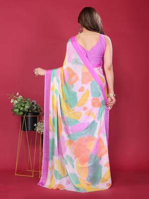 purple chiffon saree with multicolor printed pallu 4
