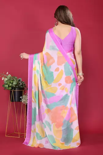 purple chiffon saree with multicolor printed pallu
