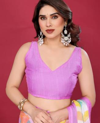 purple chiffon saree with multicolor printed pallu 5