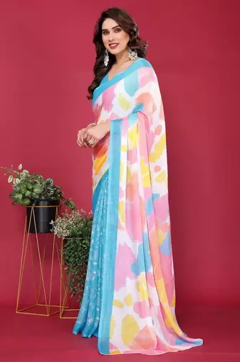 sky blue chiffon saree with multicolor printed pallu