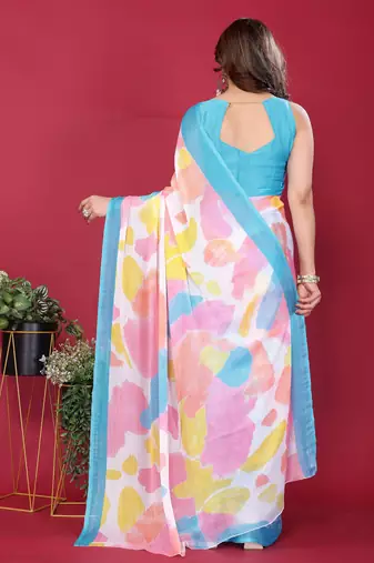 sky blue chiffon saree with multicolor printed pallu