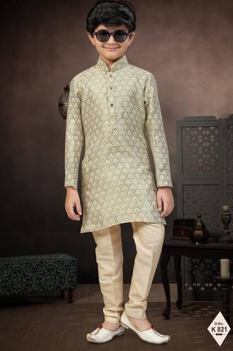 Green banarasi jacquard woven kurta pajama for boys
