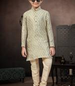 Green banarasi jacquard woven kurta pajama for boys