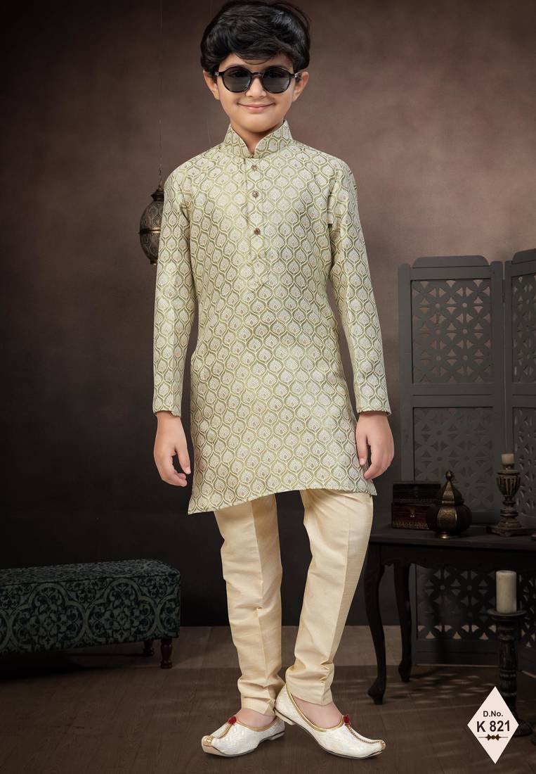 Green banarasi jacquard woven kurta pajama for boys