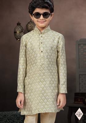 Green banarasi jacquard woven kurta pajama for boys 2