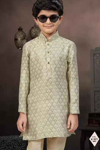 Green banarasi jacquard woven kurta pajama for boys