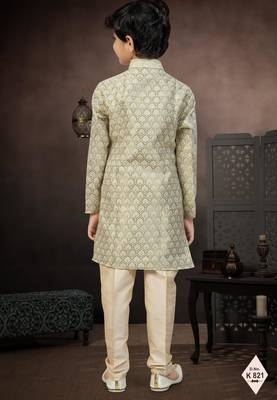 Green banarasi jacquard woven kurta pajama for boys 3