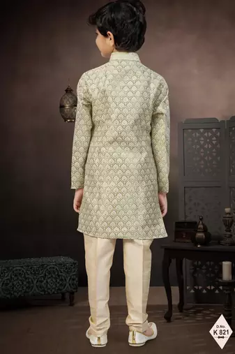 Green banarasi jacquard woven kurta pajama for boys