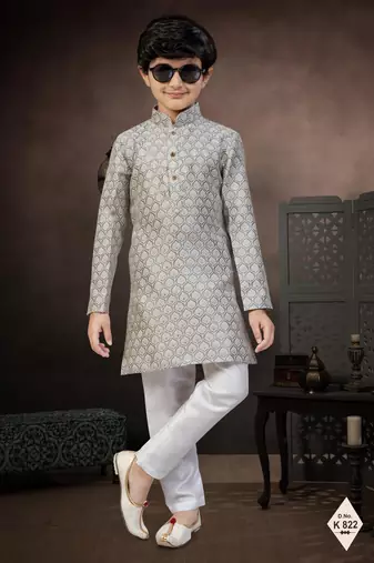Grey banarasi jacquard woven kurta pajama for boys