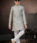 Grey banarasi jacquard woven kurta pajama for boys