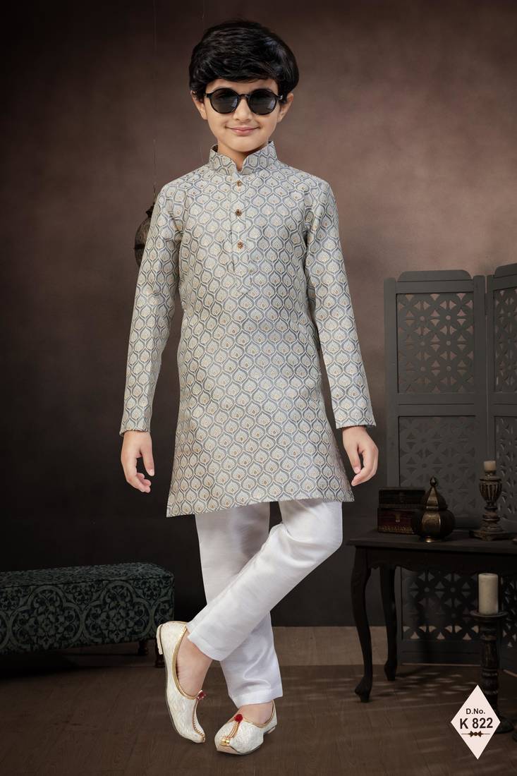 Grey banarasi jacquard woven kurta pajama for boys