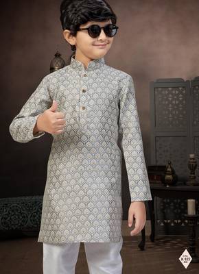 Grey banarasi jacquard woven kurta pajama for boys 2