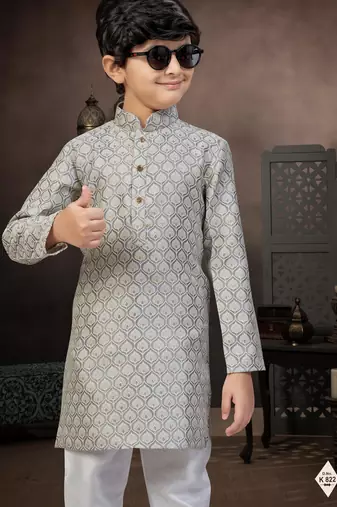 Grey banarasi jacquard woven kurta pajama for boys