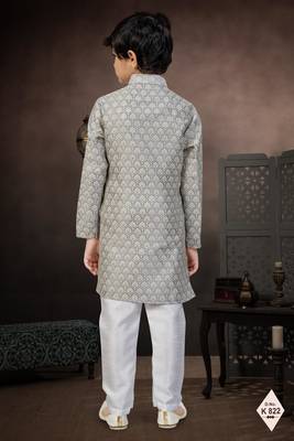 Grey banarasi jacquard woven kurta pajama for boys 3
