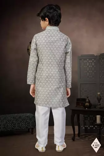 Grey banarasi jacquard woven kurta pajama for boys