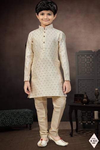 Beige banarasi jacquard woven kurta pajama for boys