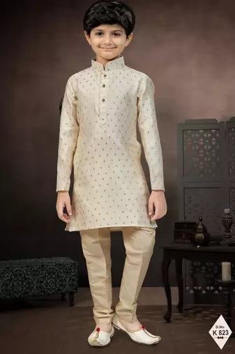 Beige banarasi jacquard woven kurta pajama for boys