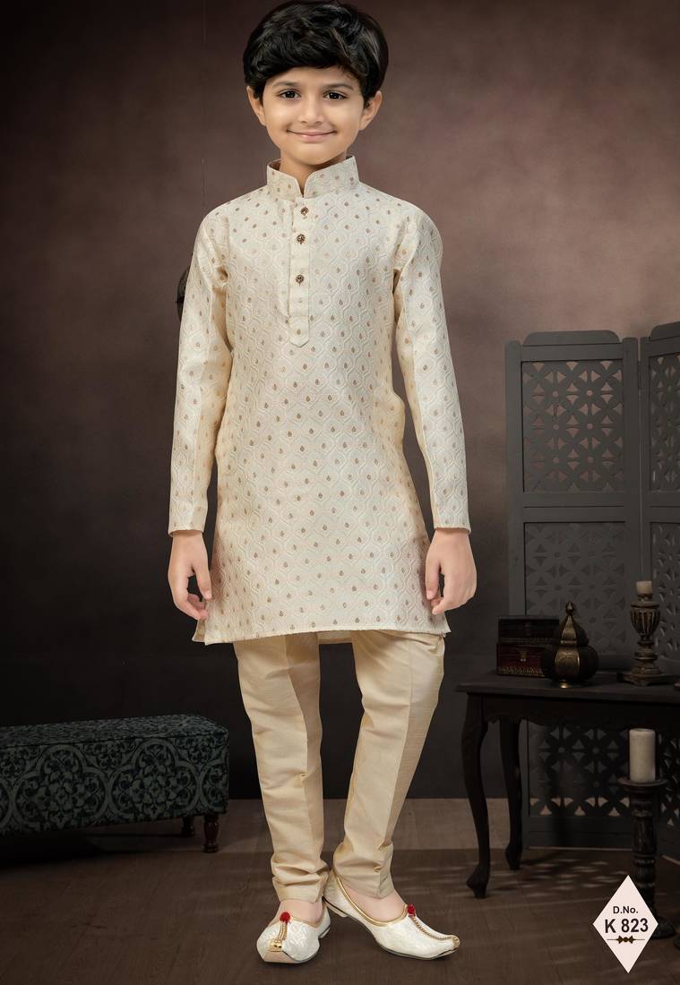 Beige banarasi jacquard woven kurta pajama for boys