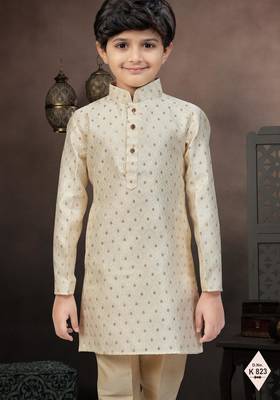 Beige banarasi jacquard woven kurta pajama for boys 2