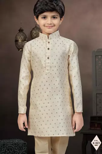 Beige banarasi jacquard woven kurta pajama for boys