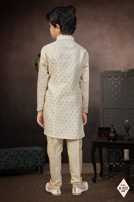 Beige banarasi jacquard woven kurta pajama for boys 3