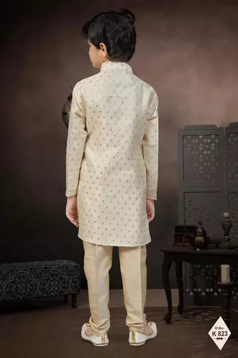 Beige banarasi jacquard woven kurta pajama for boys