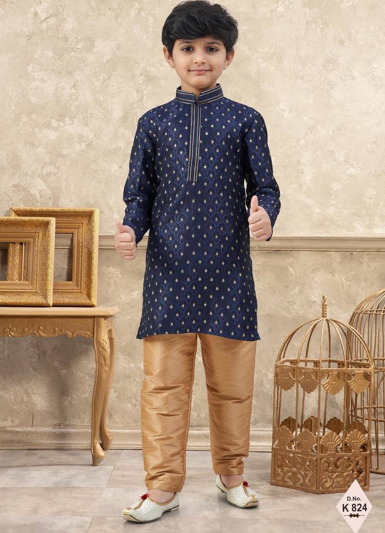 Blue banarasi jacquard woven kurta pajama for boys