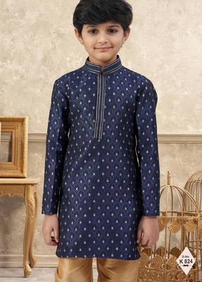 Blue banarasi jacquard woven kurta pajama for boys 2