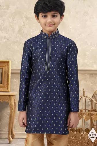 Blue banarasi jacquard woven kurta pajama for boys