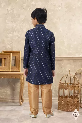 Blue banarasi jacquard woven kurta pajama for boys