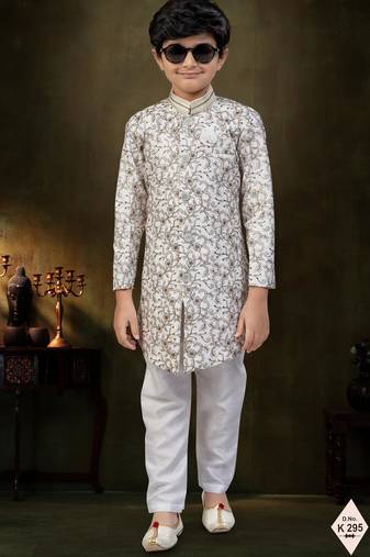 Cream dupion silk embroidered indo western set for boys