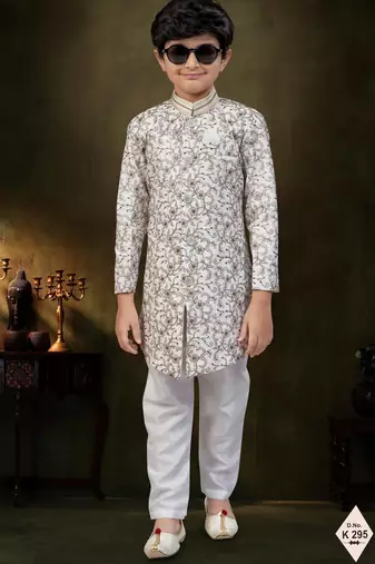 Cream dupion silk embroidered indo western set for boys
