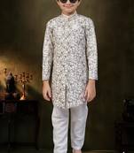 Cream dupion silk embroidered indo western set for boys